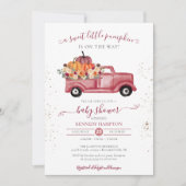 リトルカボチャ赤秋ピックアップトラック赤ちゃんシャワー 招待状 (正面)