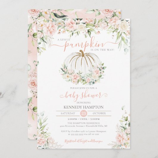 リトルカボチャ赤面ピンクフローラ秋ベビーシャワー 招待状 (正面/裏面)
