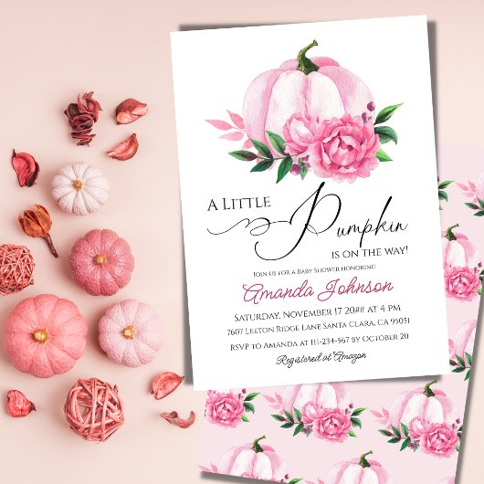 リトルカボチャ赤面ピンク秋素朴ベビーシャワー 招待状