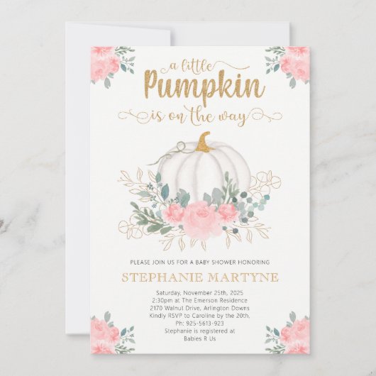リトルカボチャ金ゴールドピンクフローラ赤ちゃんシャワー 招待状 (正面)