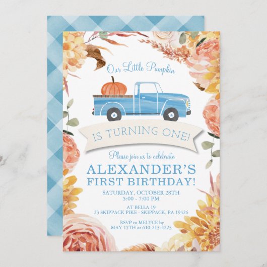 リトルカボチャ青いトラックボーイ1st誕生日パーティーI 招待状 (正面/裏面)