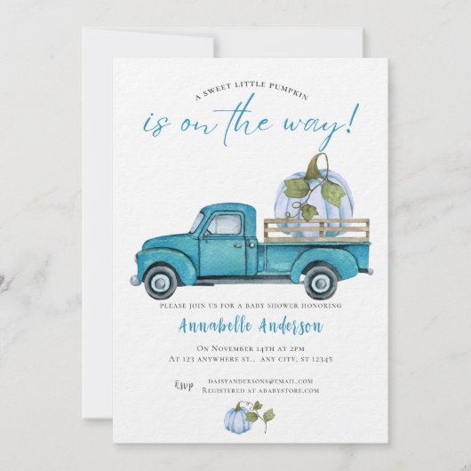 リトルカボチャ青い水色ボーイベビーシャワー 招待状 (正面)