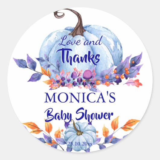 リトルカボチャ青い男の子の赤ちゃんシャワーの賛成 ラウンドシール (正面)
