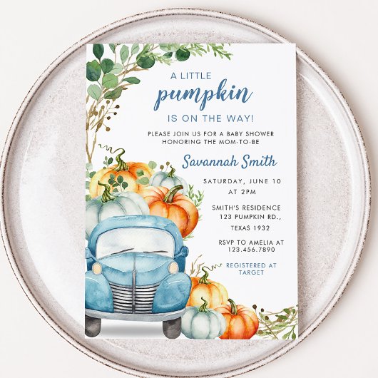 リトルカボチャ青トラック赤ちゃんシャワー 招待状