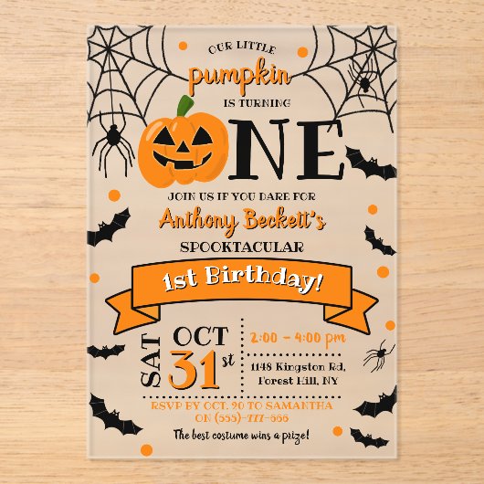 リトルカボチャ1ハロウィーン1歳の誕生日 アクリル招待状 (正面)