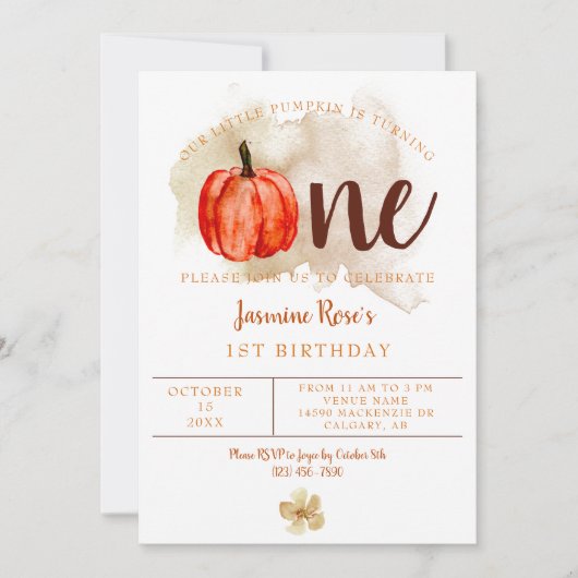 リトルカボチャ1stバースデーウォーターカラーオレンジ秋 招待状 (正面)