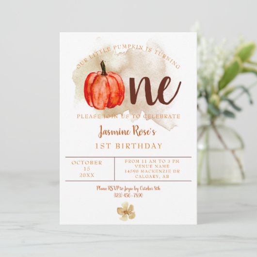 リトルカボチャ1stバースデーウォーターカラーオレンジ秋 招待状 (スタンド正面)