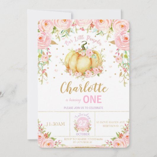 リトルカボチャ1stバースデーガールピンクフローラ 招待状 (正面)