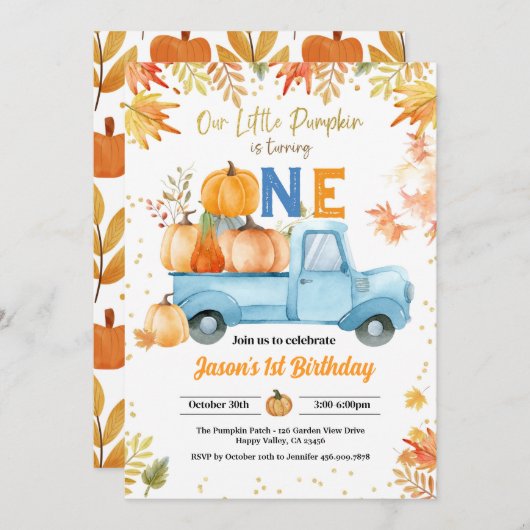 リトルカボチャ1st誕生日パーティーボーイブルートラック 招待状 (正面/裏面)