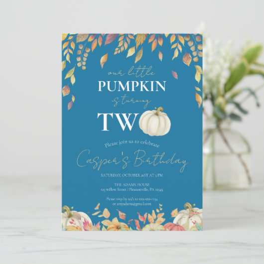 リトルカボチャ2ndバースデーウォーターカラー秋ブルー 招待状 (スタンド正面)
