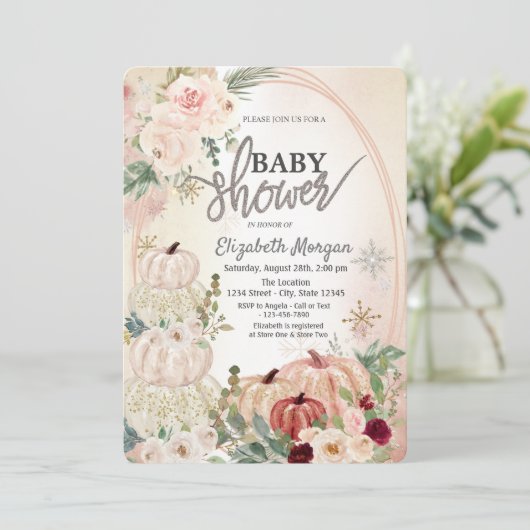 リトルカボチャ,バラ,雪片ベビーシャワー 招待状 (スタンド正面)