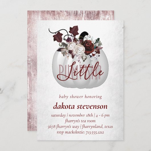 リトルカボチャ |濃い赤ピンクのフローラ赤ちゃんシャワー 招待状 (正面/裏面)