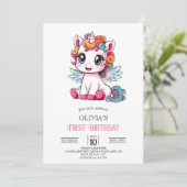 リトルカラフルデジタルユニコーン1歳の誕生日 招待状 (スタンド正面)