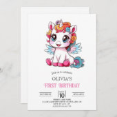 リトルカラフルデジタルユニコーン1歳の誕生日 招待状 (正面/裏面)