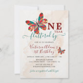 リトルカワイバタフライフラッターフォトファースト誕生日 招待状 (正面)