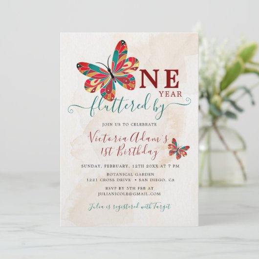 リトルカワイバタフライフラッターフォトファースト誕生日 招待状 (スタンド正面)