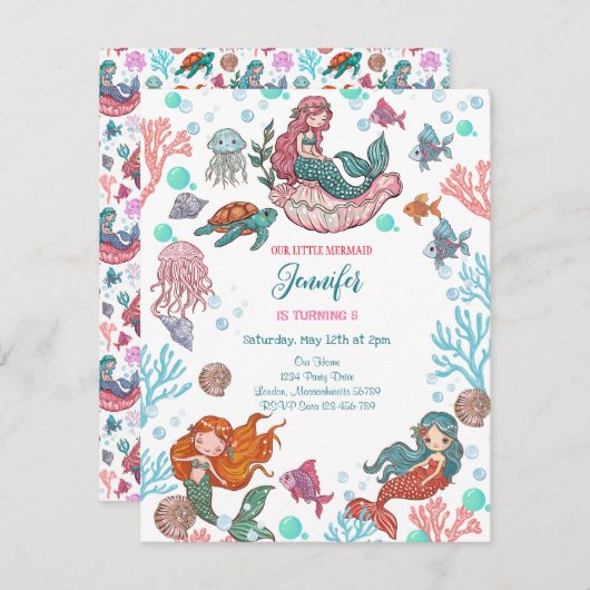 リトルカワイリトルメルメイド誕生日招待状 シーズンカード (正面/裏面)