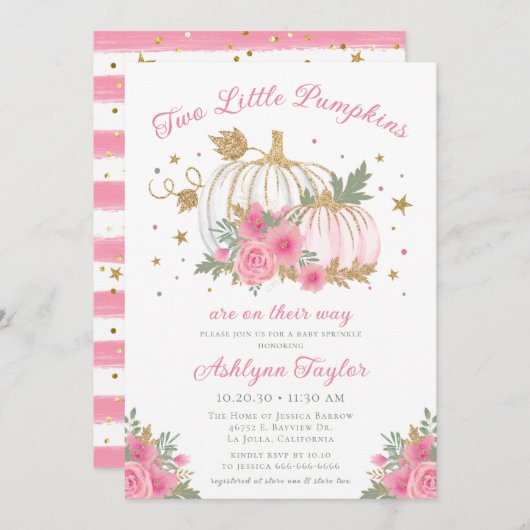 リトルカンプキンツインガールベビー振りかけ招待状 招待状 (正面/裏面)