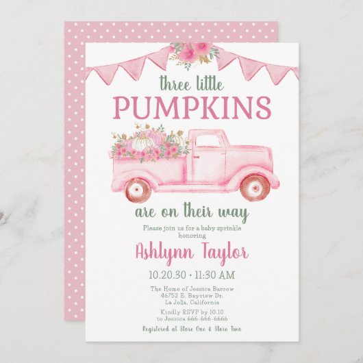 リトルカンプキントリプレットガールベビー散水 招待状 (正面/裏面)