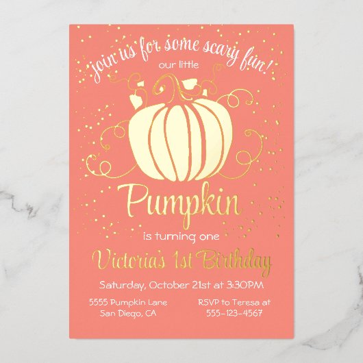 リトルカンプキンハロウィーン誕生日ゴールドフォイル 箔招待状 (正面)