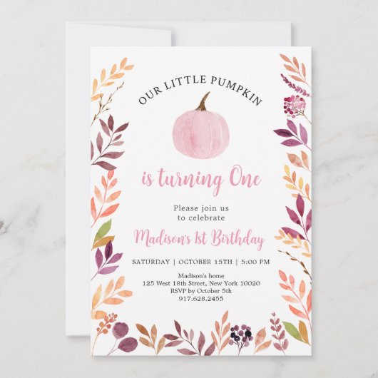 リトルカンプキンピンクガールボホファースト誕生日 招待状 (正面)