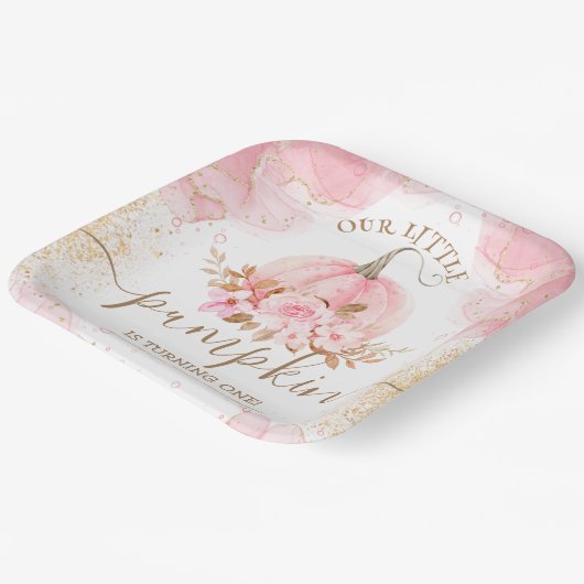 リトルカンプキンピンクフローラガール秋1st誕生日 ペーパープレート (傾斜あり)