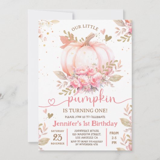 リトルカンプキンピンクフローラガール秋1st誕生日 招待状 (正面)
