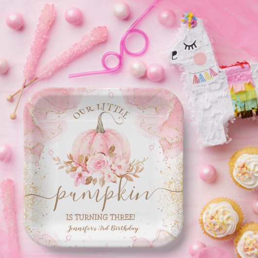 リトルカンプキンピンクフローラガール秋3rd誕生日 ペーパープレート (パーティー)