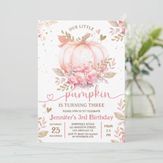 リトルカンプキンピンクフローラガール秋3rd誕生日 招待状 (スタンド正面)