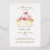 リトルカンプキンピンクボウバラ1st誕生日金ゴールド 箔招待状 (正面)