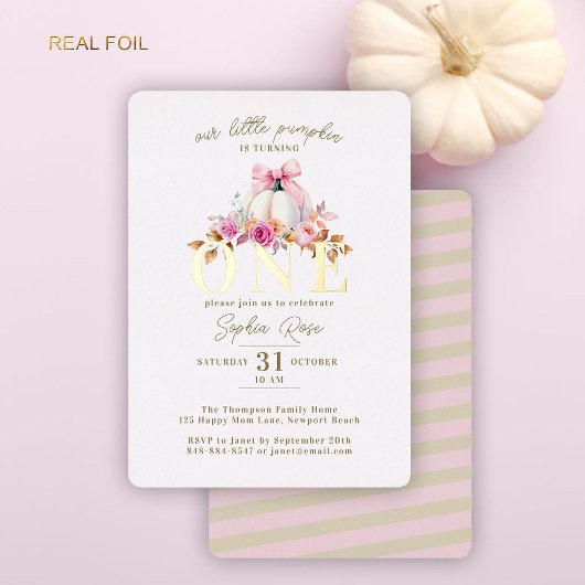 リトルカンプキンピンクボウバラ1st誕生日金ゴールド 箔招待状