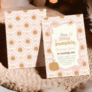 リトルカンプキンピンク名門私立校風のコケット1歳の誕生日 招待状