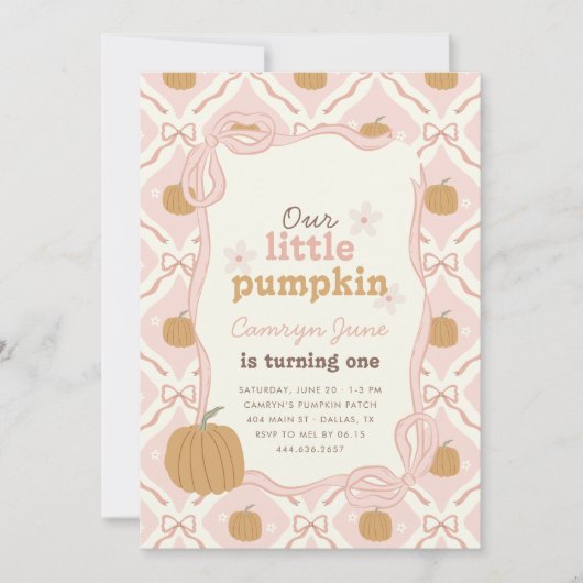 リトルカンプキンピンク名門私立校風のコケット1歳の誕生日 招待状 (正面)