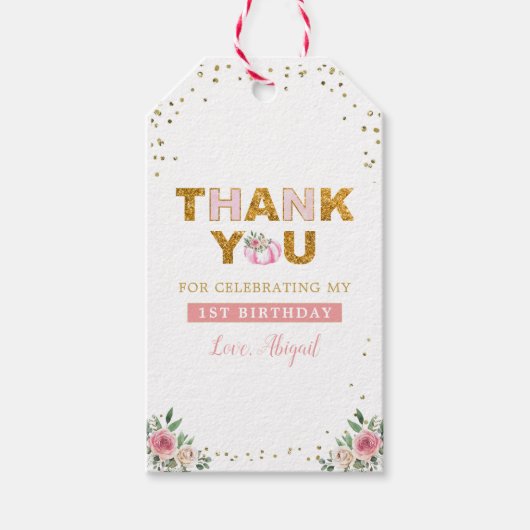 リトルカンプキンピンク金ゴールドフローラガール1st誕生日 ギフトタグ (正面)
