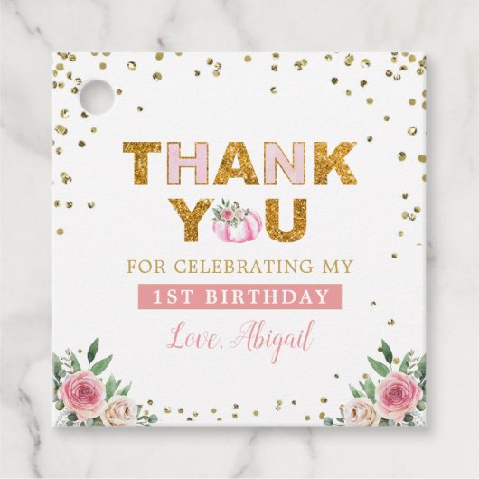 リトルカンプキンピンク金ゴールドフローラガール1st誕生日 フェイバータグ (正面)