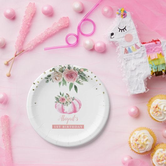 リトルカンプキンピンク金ゴールドフローラガール1st誕生日 ペーパープレート (パーティー)