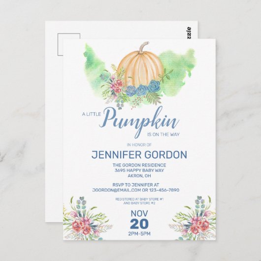 リトルカンプキンブルーフローラベビーシャワー招待状 ポストカード (正面/裏面)