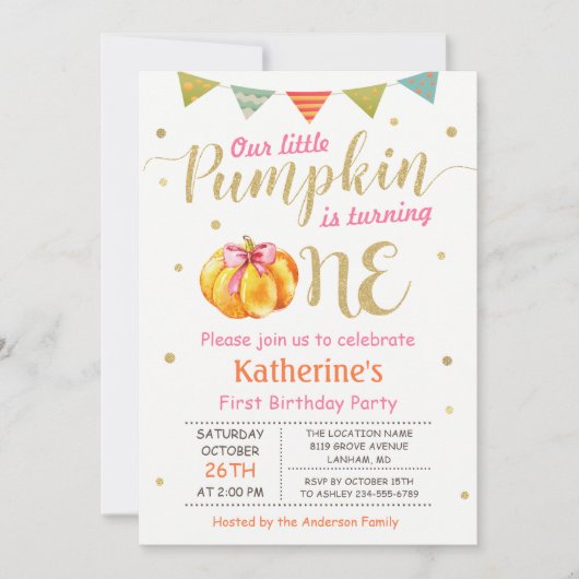 リトルカンプキンベビーガールファースト誕生日パーティー 招待状 (正面)