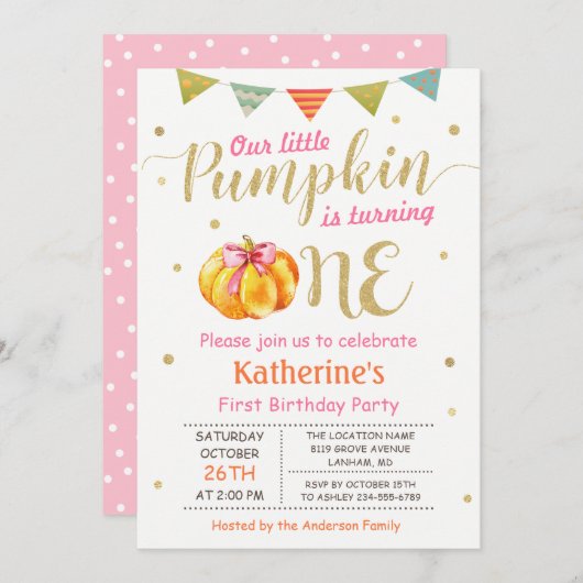 リトルカンプキンベビーガールファースト誕生日パーティー 招待状 (正面/裏面)