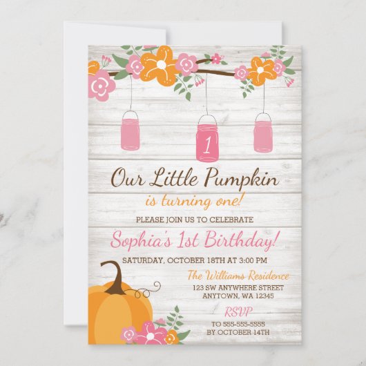 リトルカンプキンメイスンジャーズ秋ガールファースト誕生日 招待状 (正面)