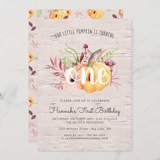 リトルカンプキン秋の誕生日パーティーの招待 招待状 (正面/裏面)