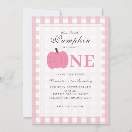 リトルカンプキン秋パステルピンクファースト誕生日 招待状 (正面)