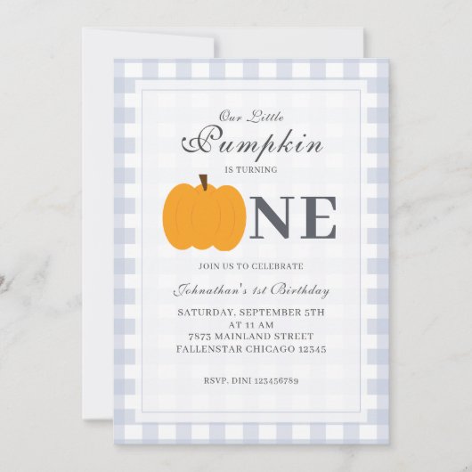 リトルカンプキン秋パステルブルーファースト誕生日 招待状 (正面)