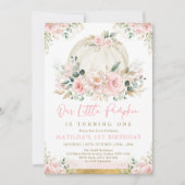 リトルカンプキン赤面ピンクフローラ秋誕生日 招待状 (正面)