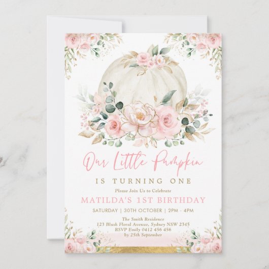 リトルカンプキン赤面ピンクフローラ秋誕生日 招待状 (正面)