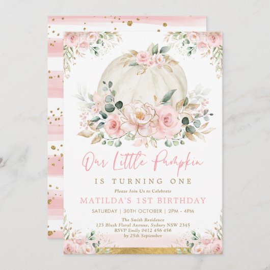 リトルカンプキン赤面ピンクフローラ秋誕生日 招待状 (正面/裏面)
