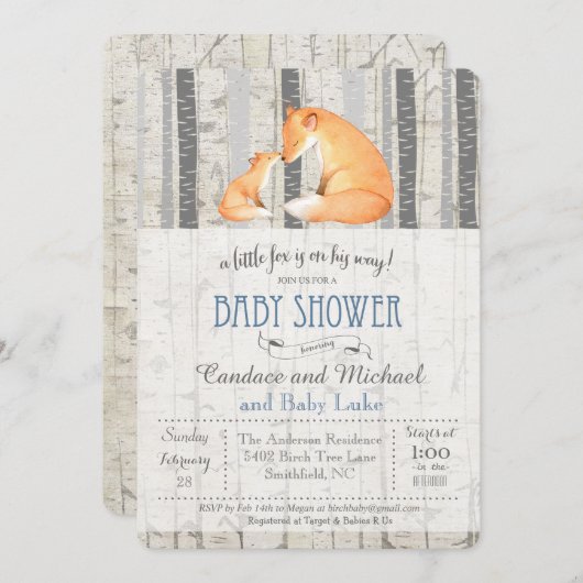 リトルキツネ樺の木ベビーシャワー招待状 招待状 (正面/裏面)