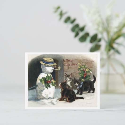 リトルキャッツのまわりにクリスマス雪だるまヴィンテージ ポストカード (スタンド正面)