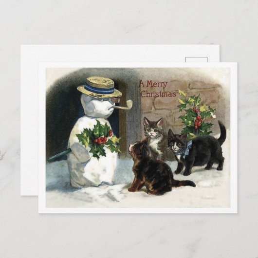 リトルキャッツのまわりにクリスマス雪だるまヴィンテージ ポストカード (正面/裏面)