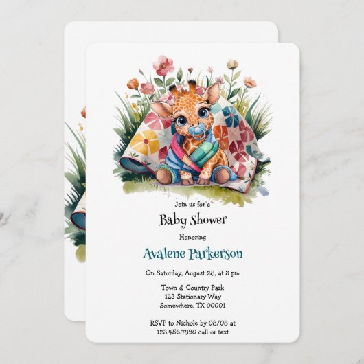 リトルキリンおしゃぶり及び毛布ベビーシャワー 招待状 (正面/裏面)